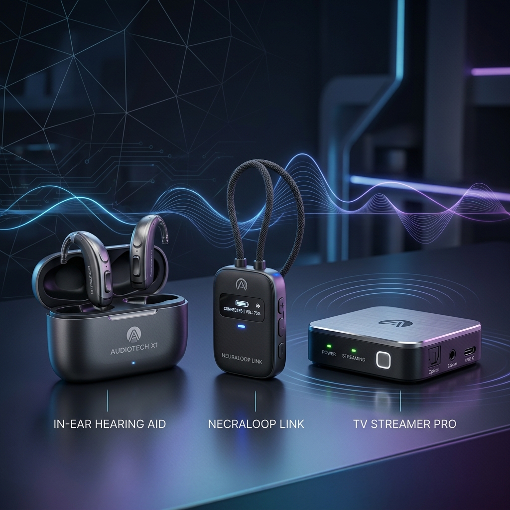 Quantivive Advanced Hearing System featuring hearing aids, neckloop receiver, and TV stream bridge